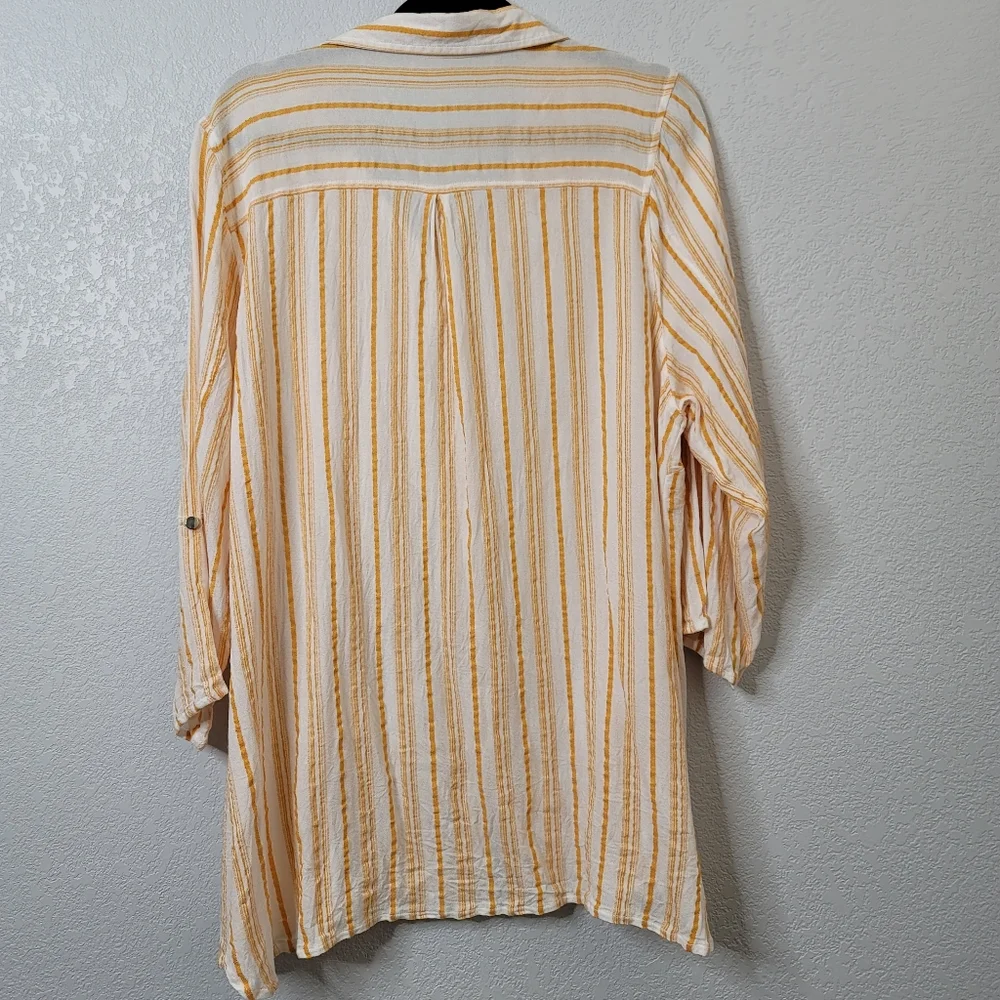 89+Madison 3/4 sleeve button up roll tab yellow stripe crepe collared sh…